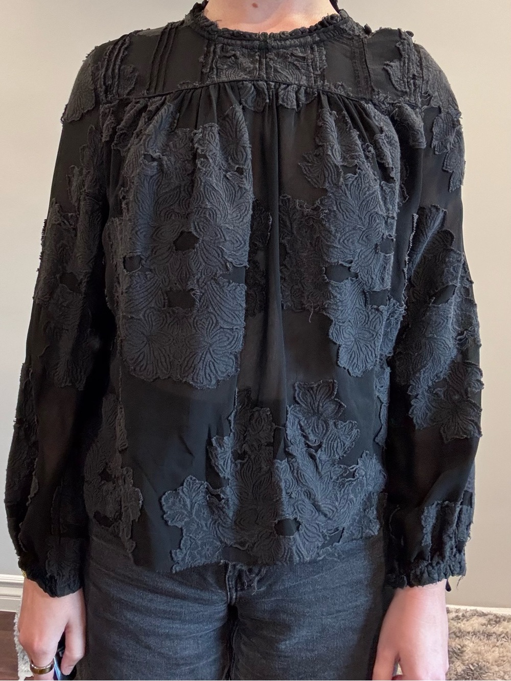 Wilfred Black Sheer Floral Appliqué Long-Sleeve Blouse
